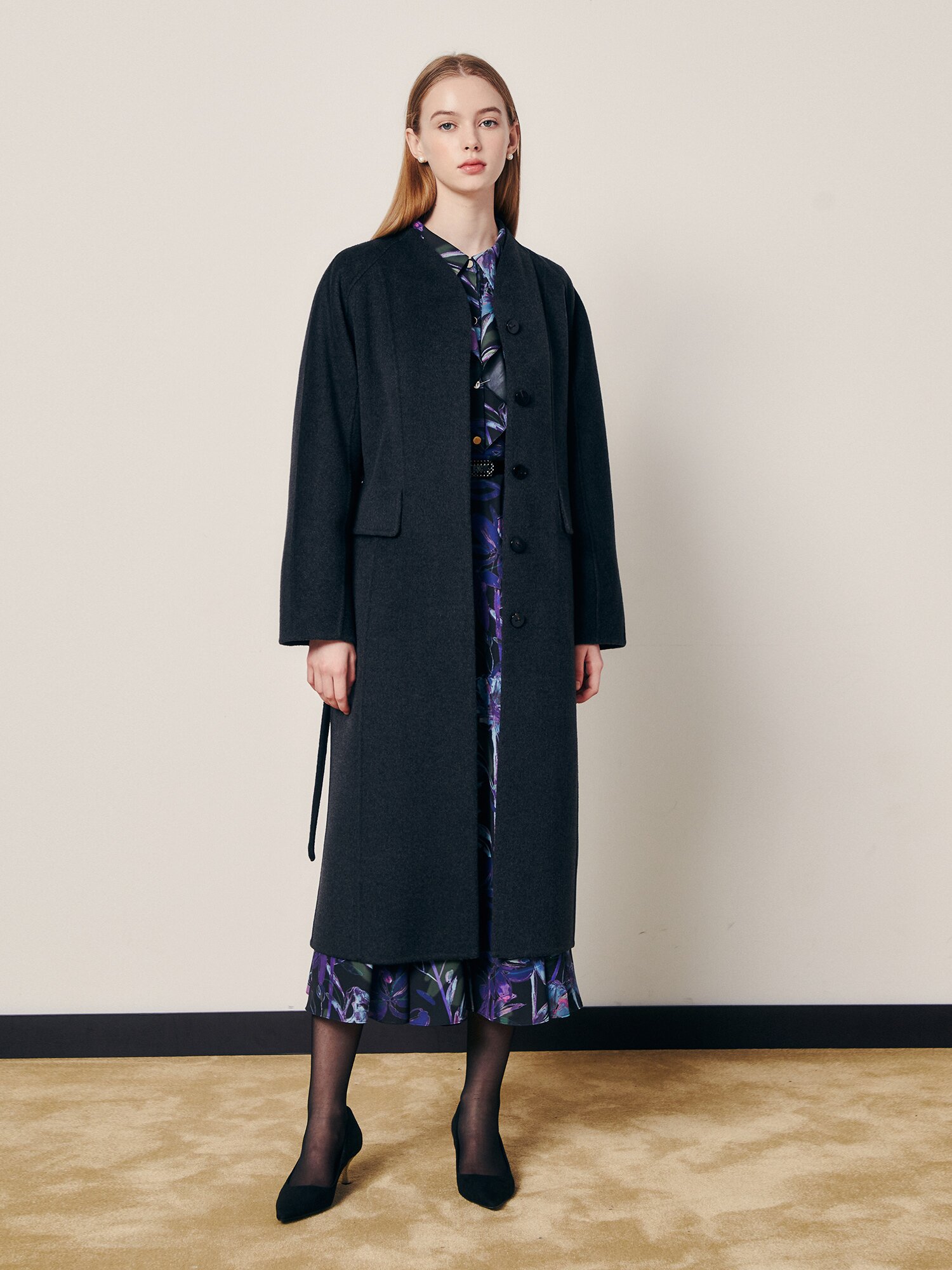 모던 벨트 세트 하이넥 코트 (DARK GREY)