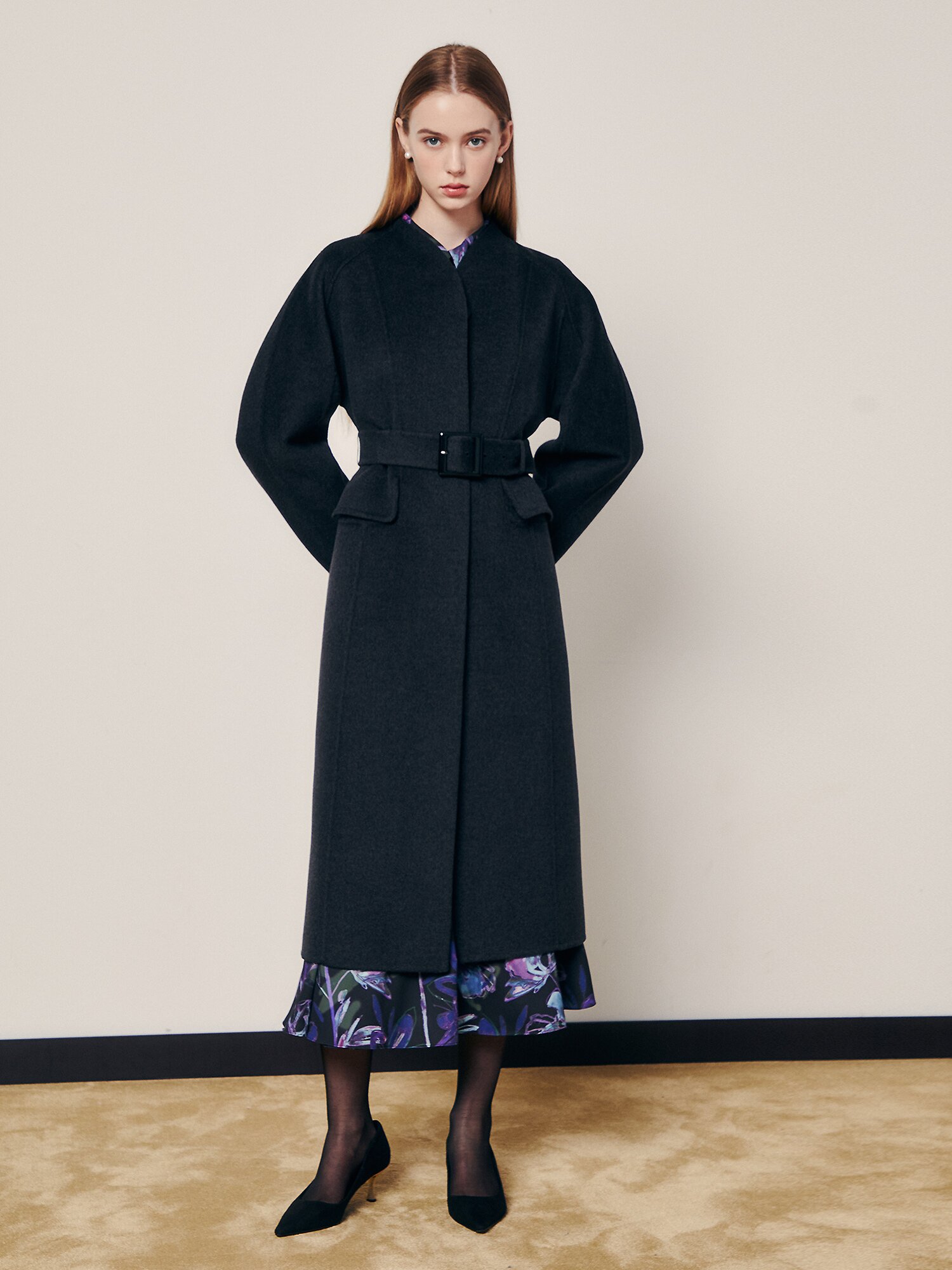 모던 벨트 세트 하이넥 코트 (DARK GREY)