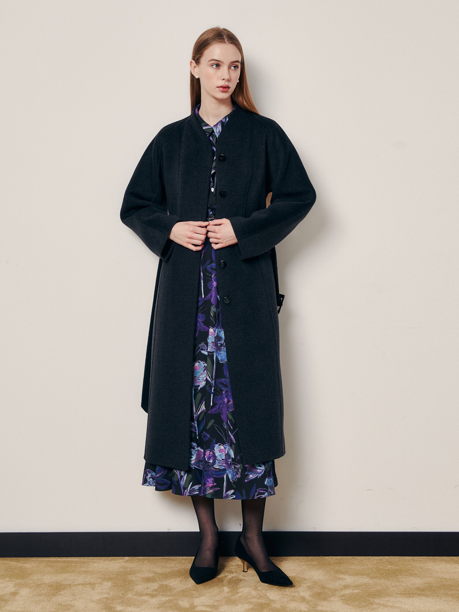 모던 벨트 세트 하이넥 코트 (DARK GREY)