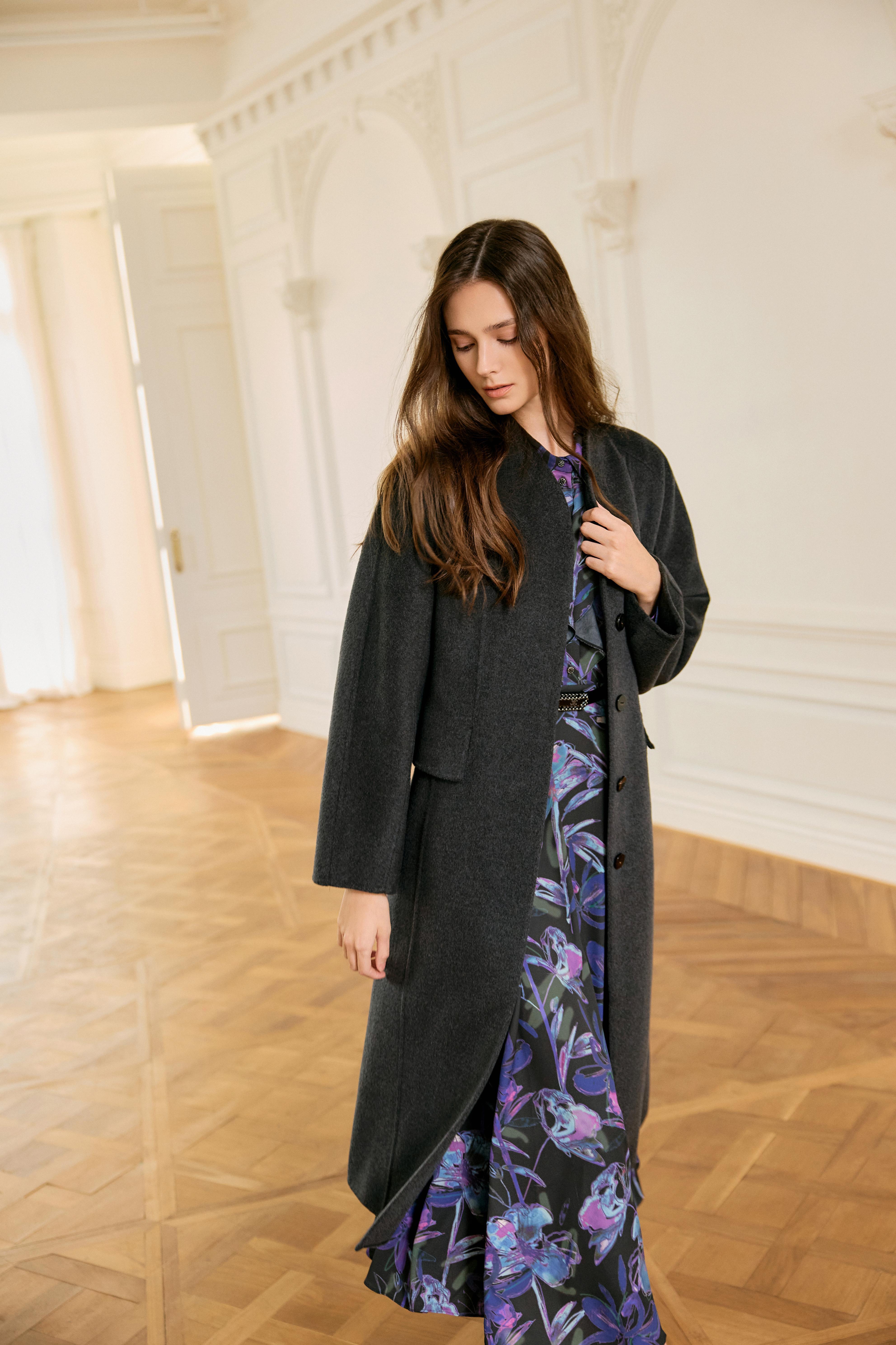 모던 벨트 세트 하이넥 코트 (DARK GREY)