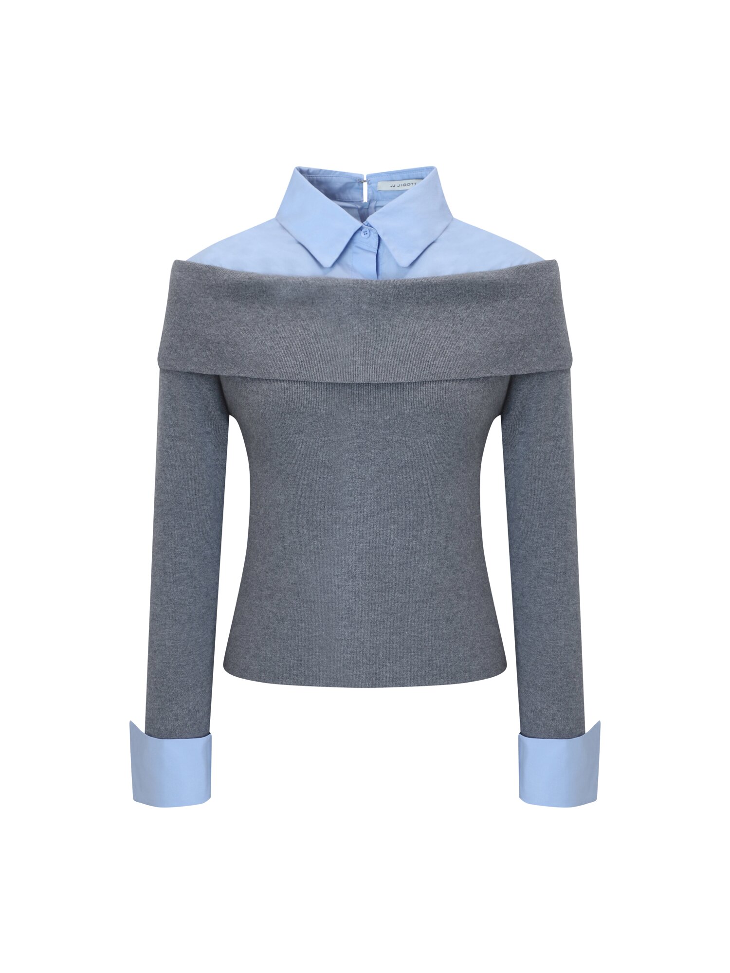 배색 레이어 칼라 셔츠 블라우스 (GREY)