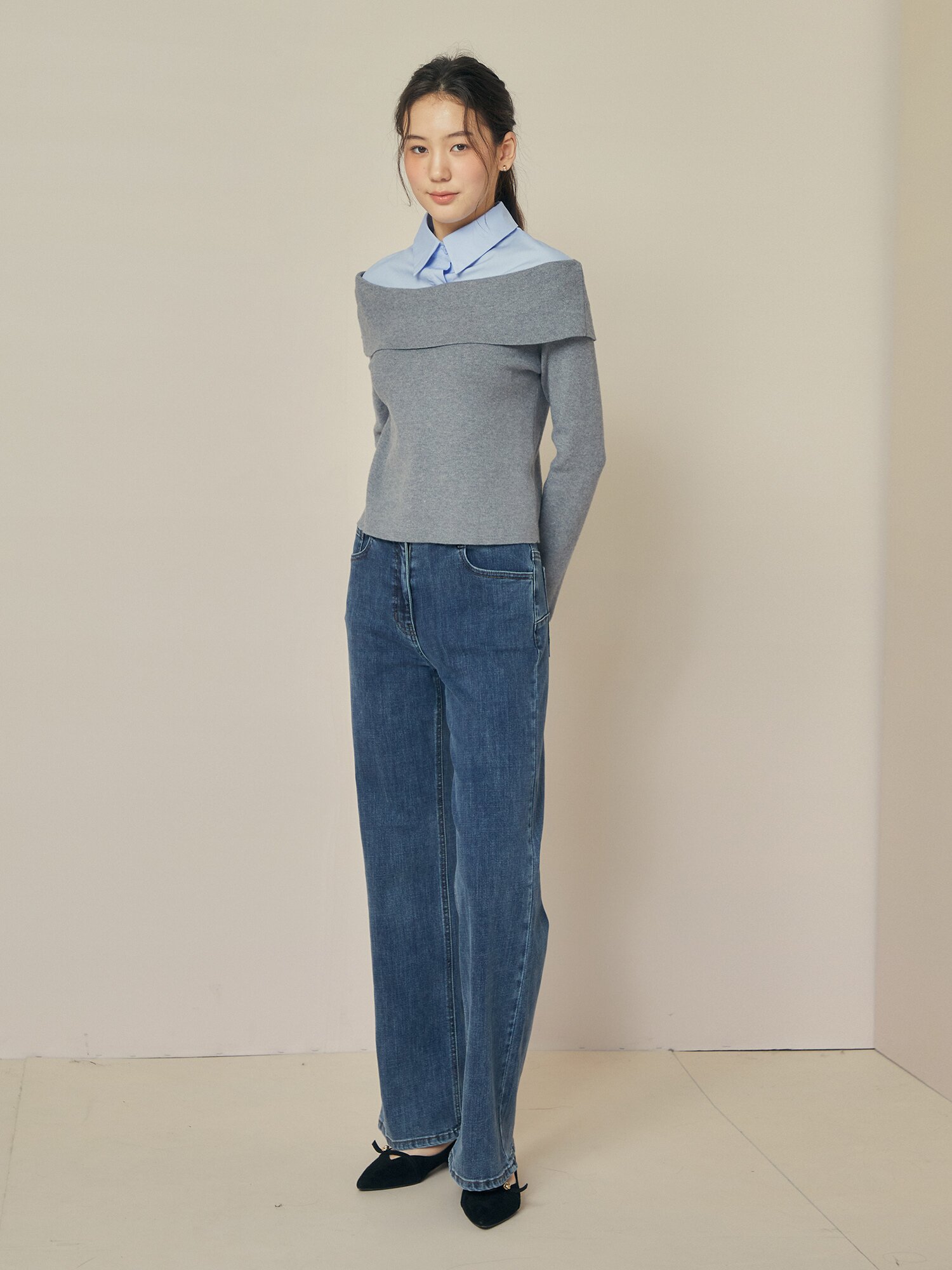 배색 레이어 칼라 셔츠 블라우스 (GREY)