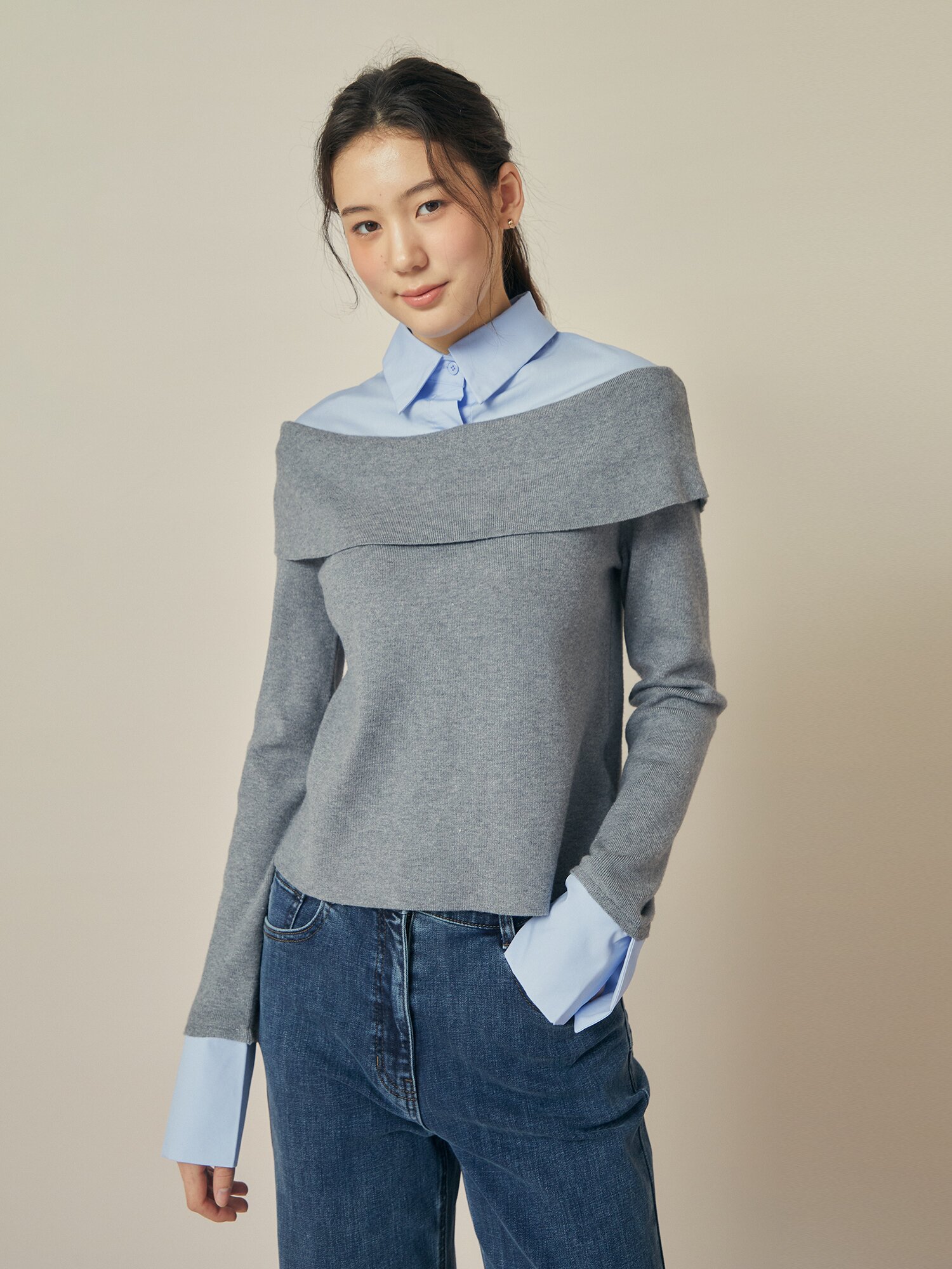 배색 레이어 칼라 셔츠 블라우스 (GREY)