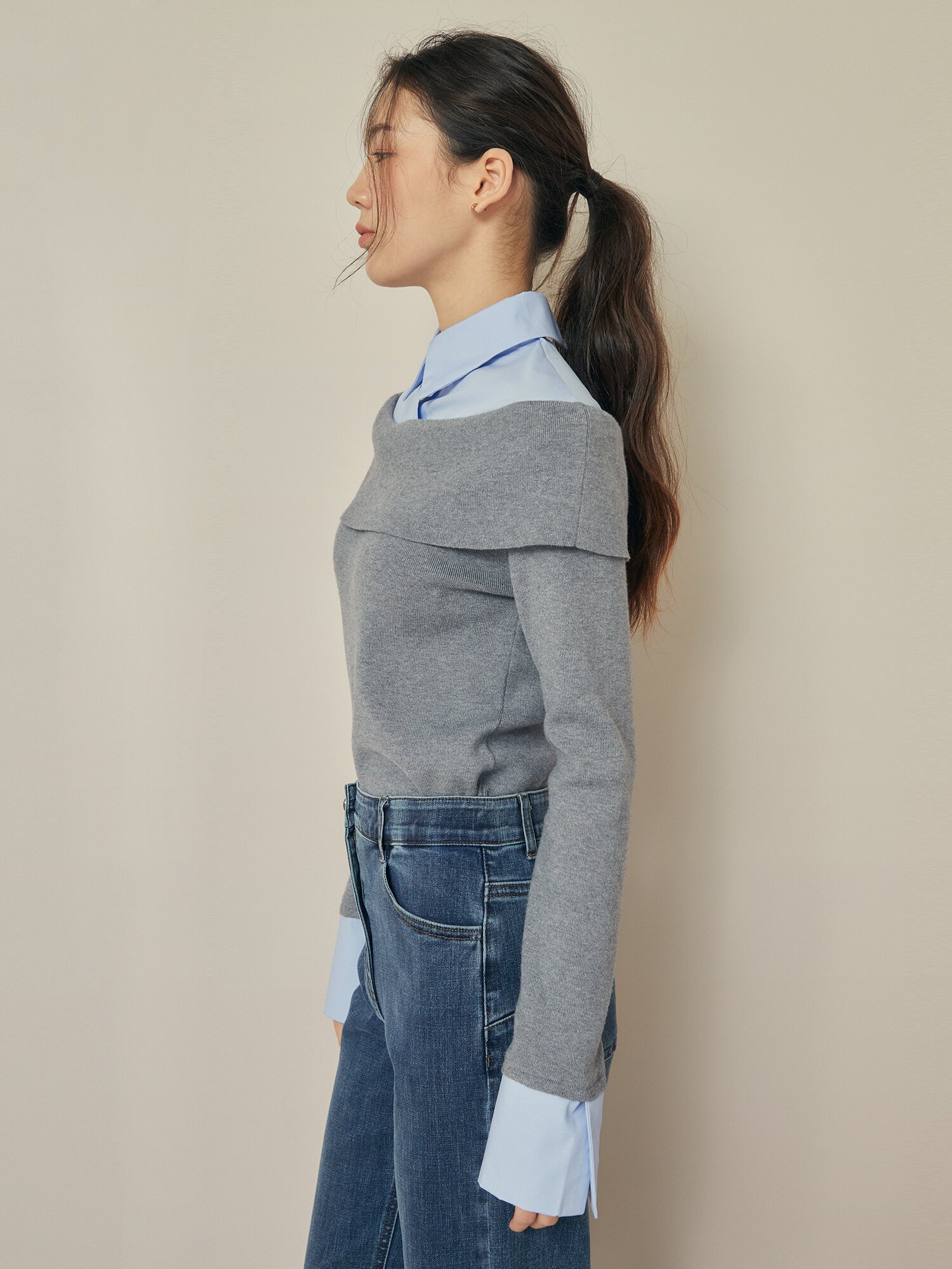 배색 레이어 칼라 셔츠 블라우스 (GREY)