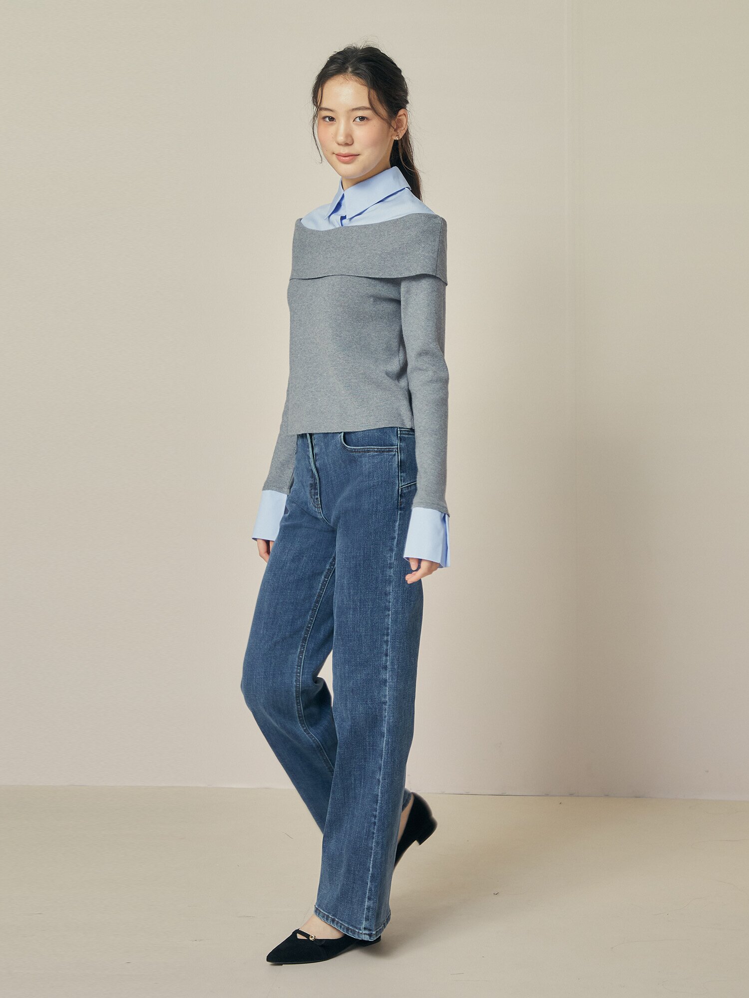 배색 레이어 칼라 셔츠 블라우스 (GREY)