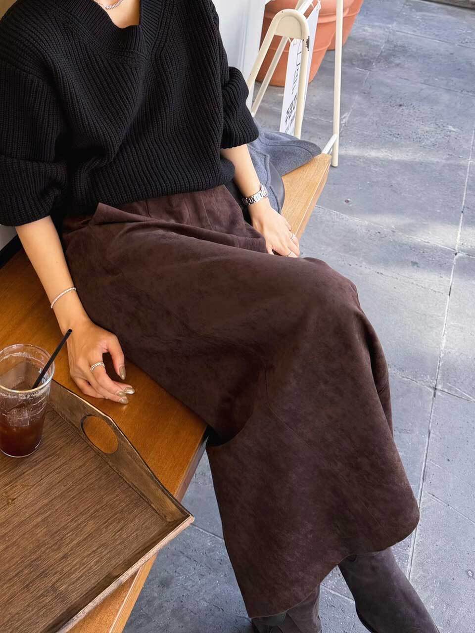 르제로 스웨이드 롱 스커트 / 다크 브라운