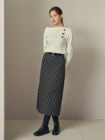 울 블렌드 아가일 벨티드 스커트 