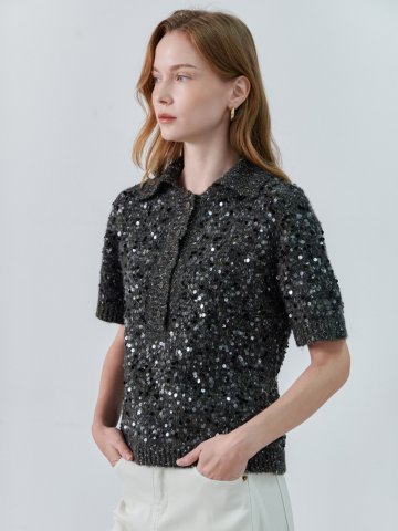 [케이미에르] 스팽글 믹스 반팔 카라 니트