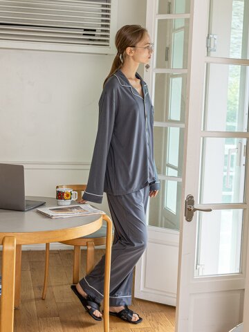 MJ_Loose shirt style two piece pajamas_BLUE GRAY