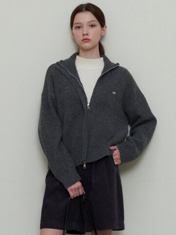 SOFT HALF NECK ZIP-UP CARDIGAN_DARK GREY