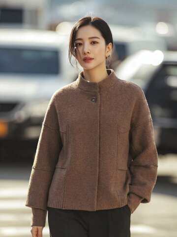 울 알파카 블렌드 니트 배색 재킷 (BROWN)