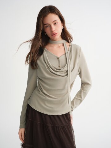 AR_Scarf shirring long sleeve top_KHAKI