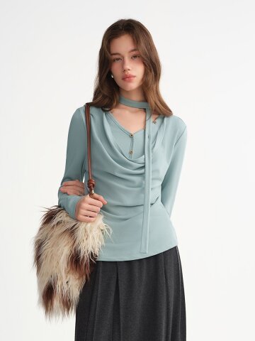 AR_Scarf shirring long sleeve top_BLUE