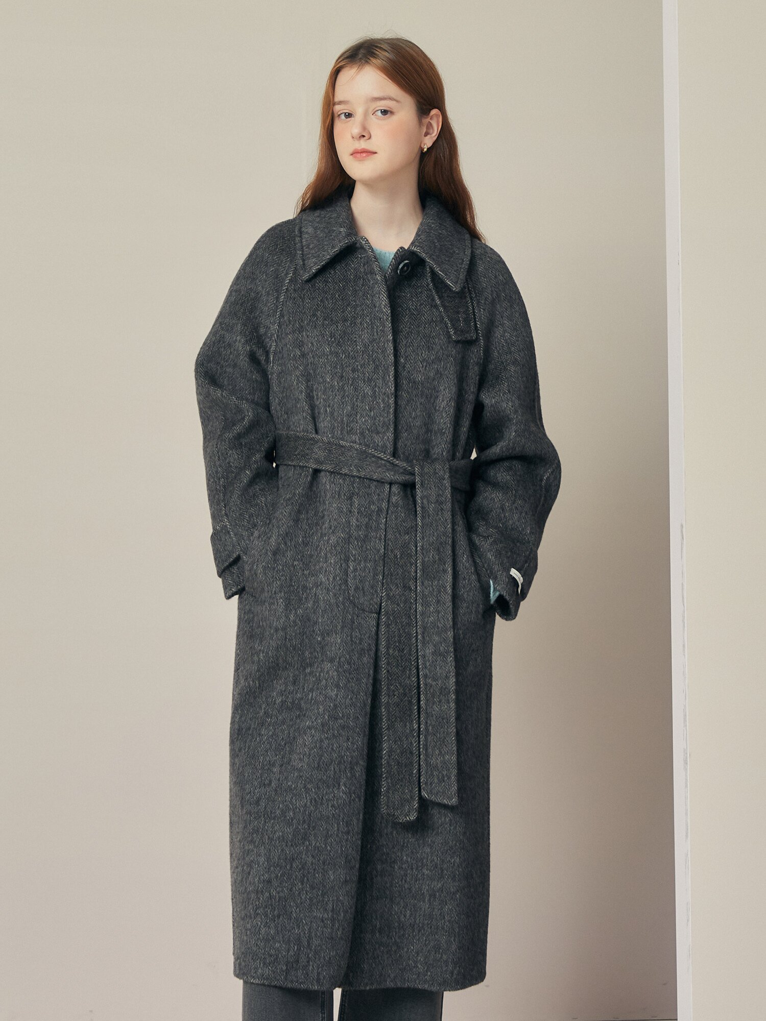 울 캐시미어 벨티드 핸드메이드 코트 (DARK GREY)