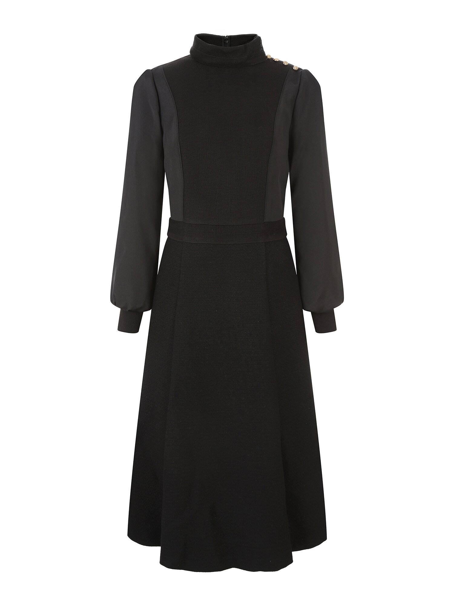 하이넥 배색 셔링 플레어 원피스 (BLACK)