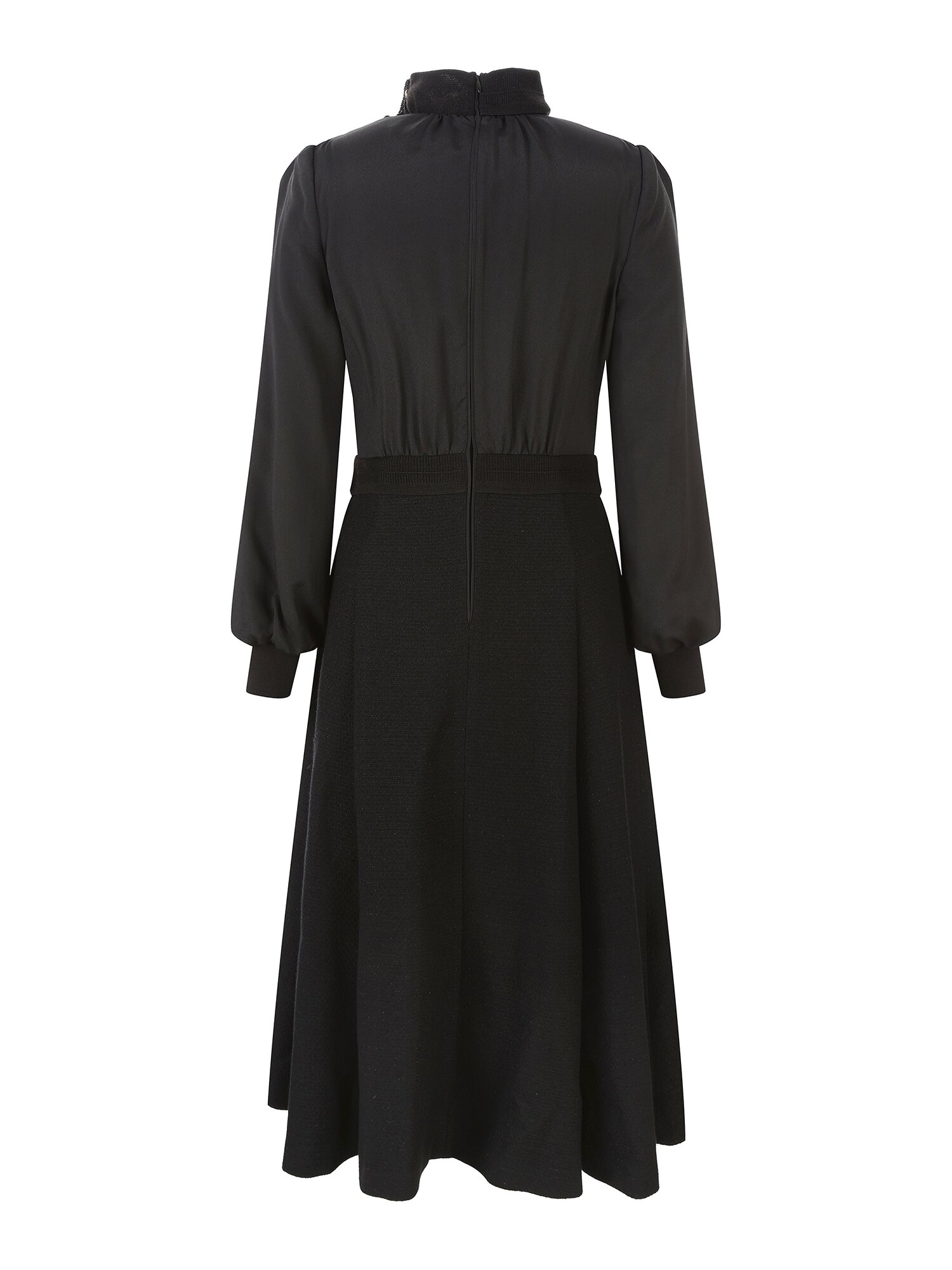 하이넥 배색 셔링 플레어 원피스 (BLACK)