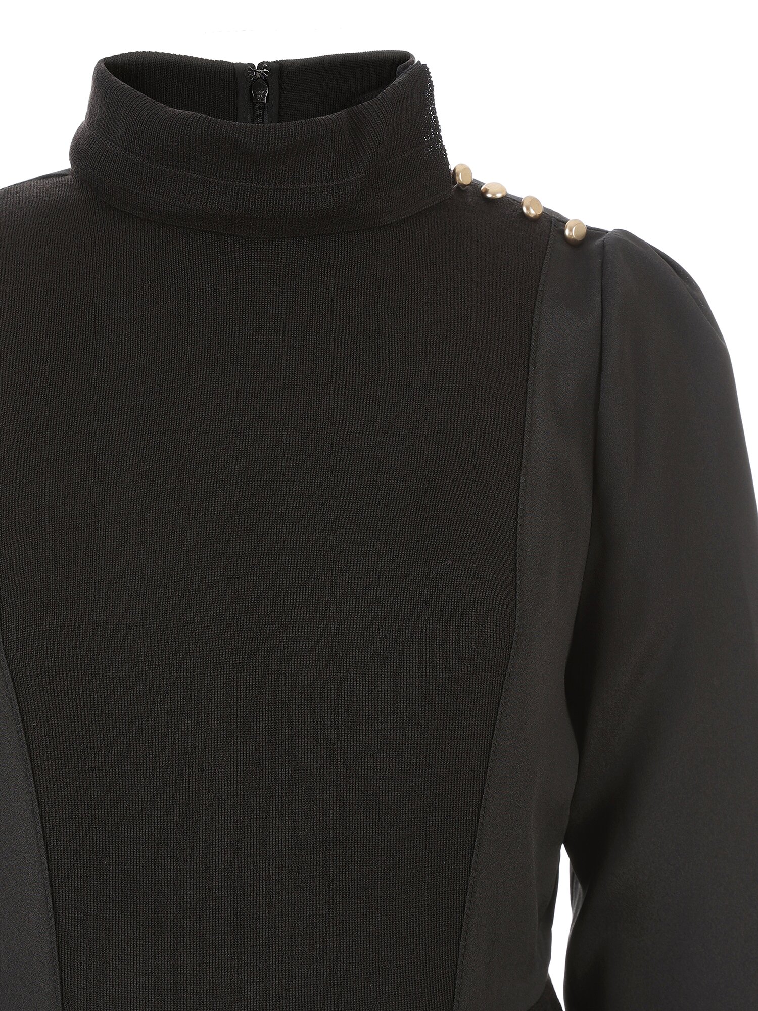 하이넥 배색 셔링 플레어 원피스 (BLACK)