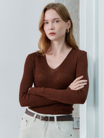 [케이미에르] 멜란지 V넥 리브 니트 풀오버