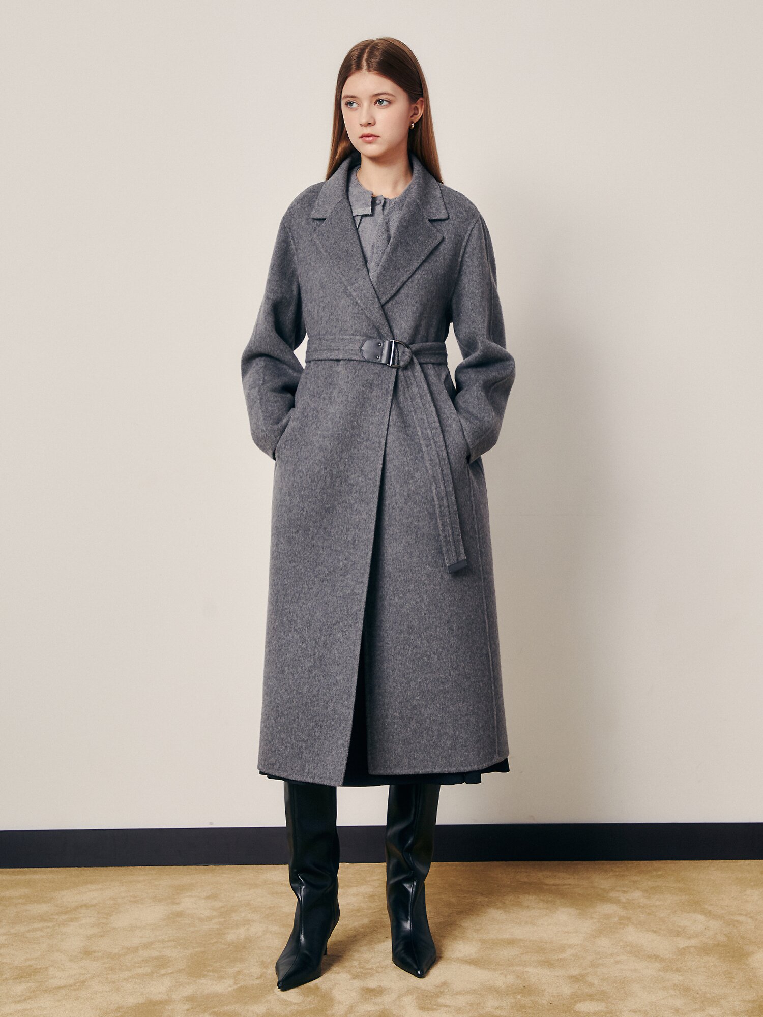 시그니처 실루엣 벨트 롱코트 (GREY)