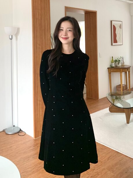 도트 리본 포인트 플레어 원피스 