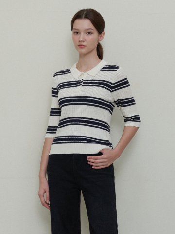 STRIPE COLLAR BUTTON KNITWEAR_IVORY