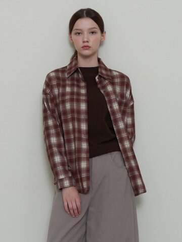 BRUSHED CHECKERED KNIT SHAWL SET_BROWN