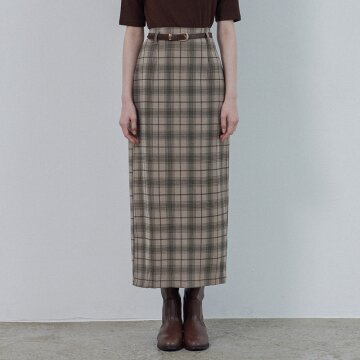 GLEN CHECKERED LONG SKIRT + BELT SET_BEIGE