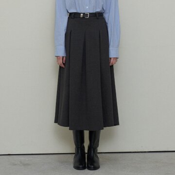 PLEATED BACK BANDED LONG SKIRT_GREY