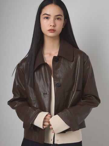 202510 CROP LEATHER JACKET - BROWN