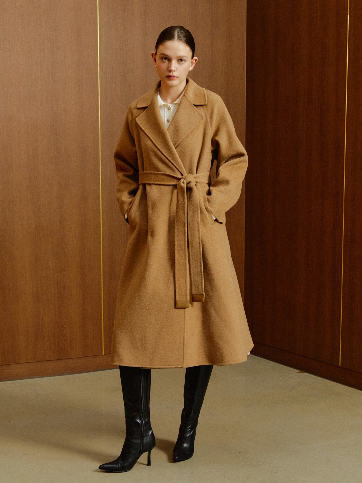 울 캐시미어 벨티드 더블 롱 코트 (CAMEL)