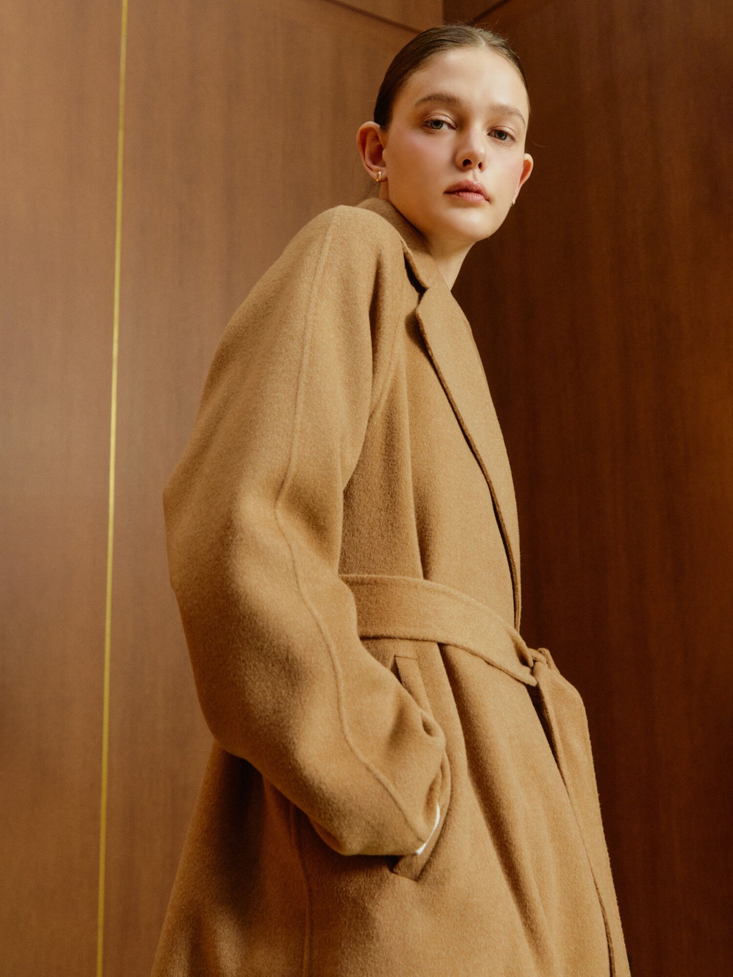 울 캐시미어 벨티드 더블 롱 코트 (CAMEL)