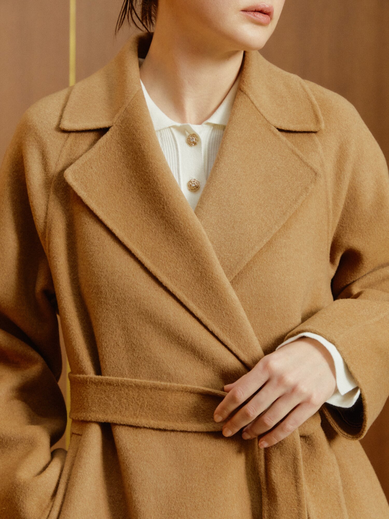 울 캐시미어 벨티드 더블 롱 코트 (CAMEL)