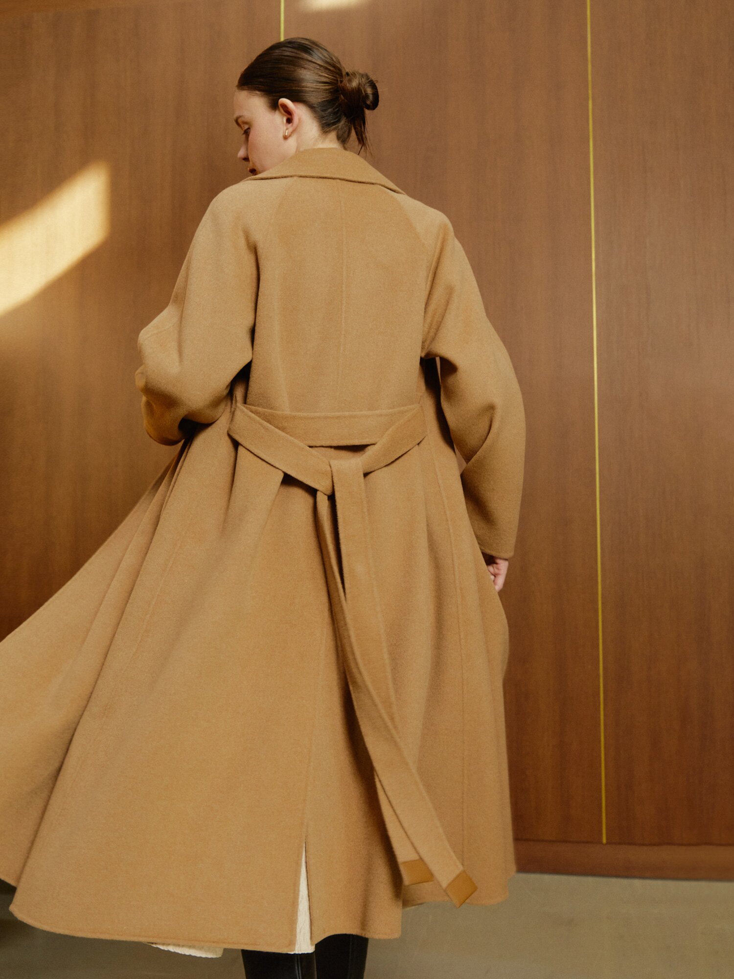 울 캐시미어 벨티드 더블 롱 코트 (CAMEL)