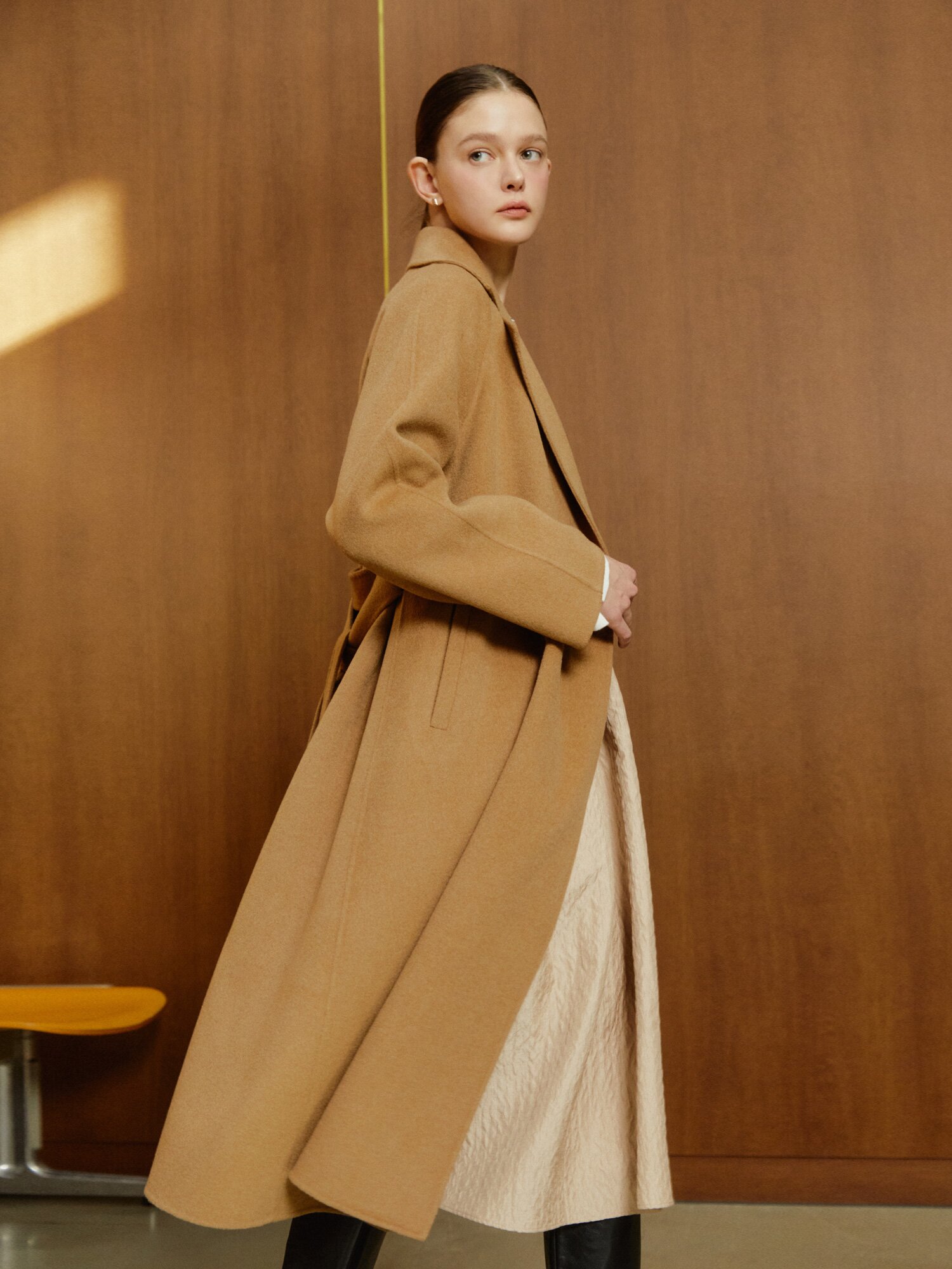 울 캐시미어 벨티드 더블 롱 코트 (CAMEL)