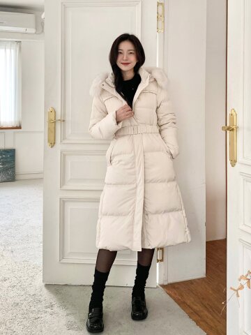 폭스퍼 후드 벨티드 구스다운 점퍼 