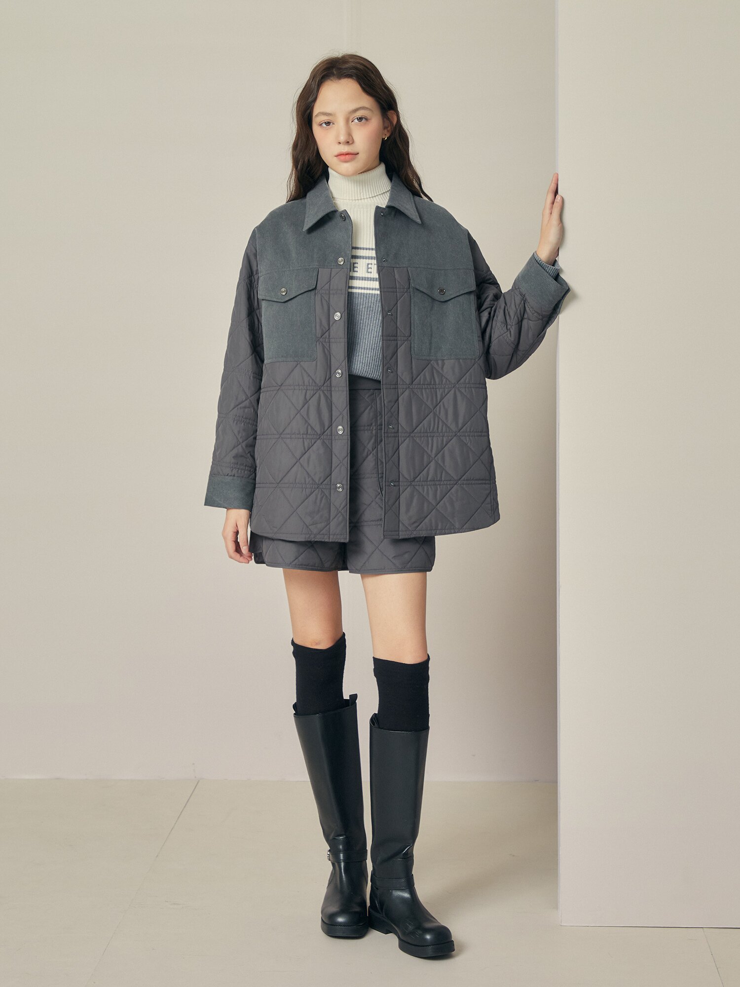 퀼팅 싱글 칼라 오버핏 셋업 재킷 (DARK GREY)