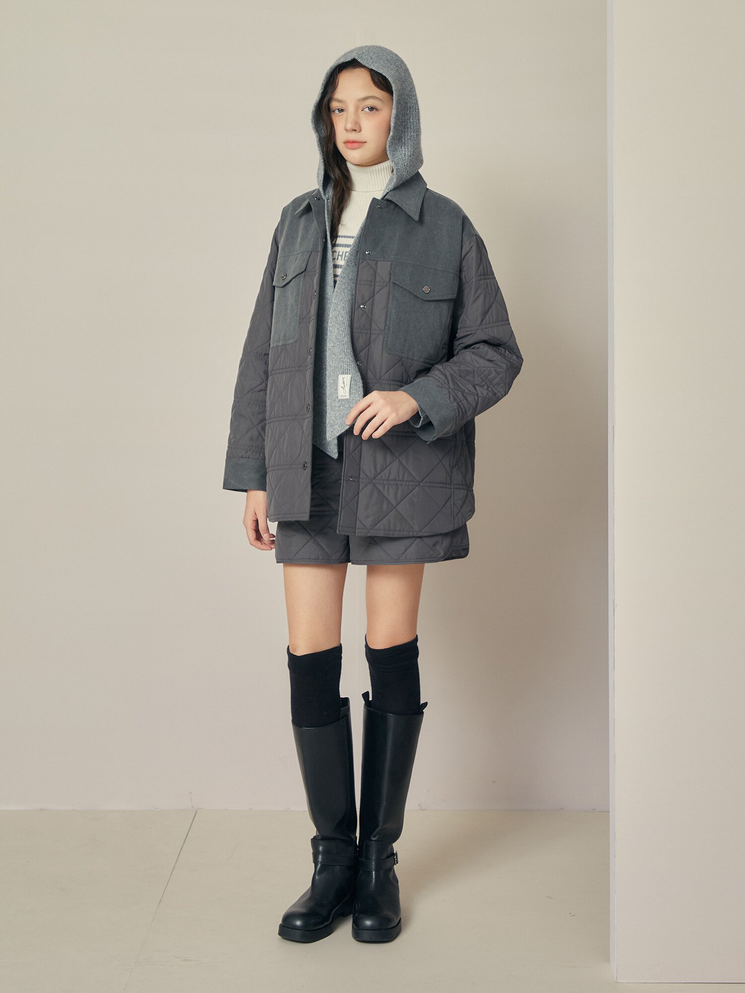 퀼팅 싱글 칼라 오버핏 셋업 재킷 (DARK GREY)