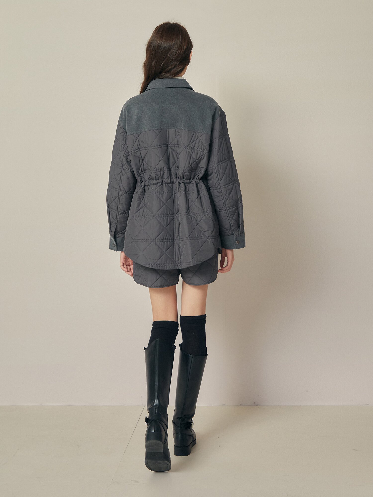 퀼팅 싱글 칼라 오버핏 셋업 재킷 (DARK GREY)