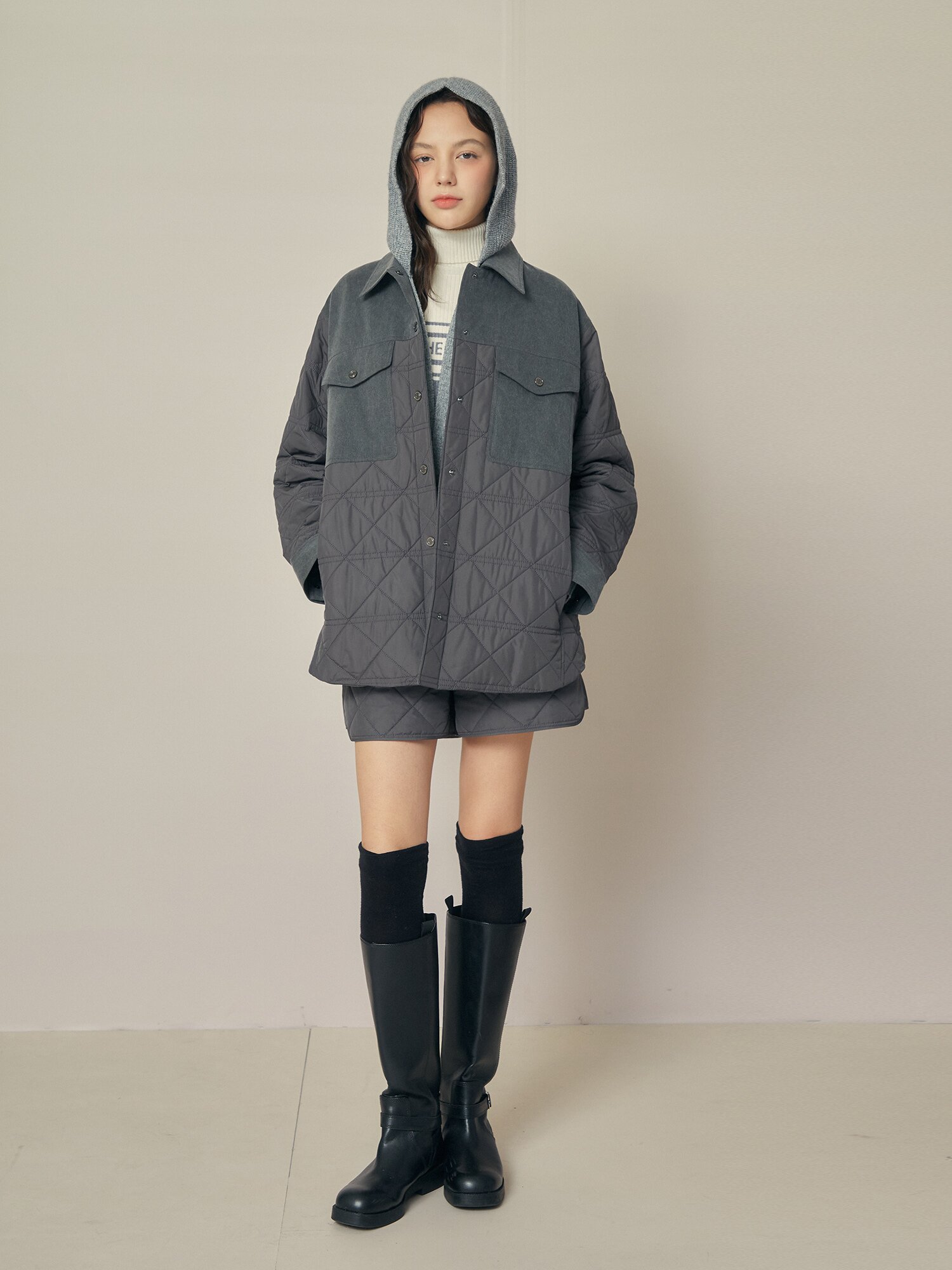 퀼팅 싱글 칼라 오버핏 셋업 재킷 (DARK GREY)