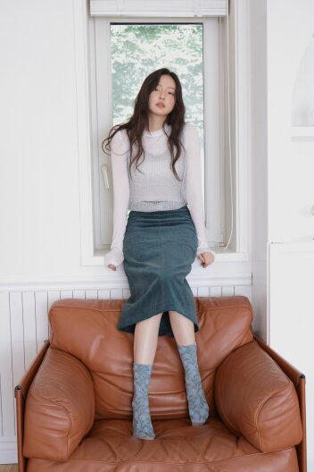 Muffin ruffle corduroy midi skirt_Dark green