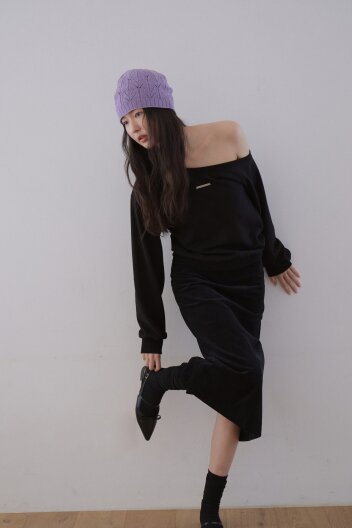 Muffin ruffle corduroy midi skirt_Black