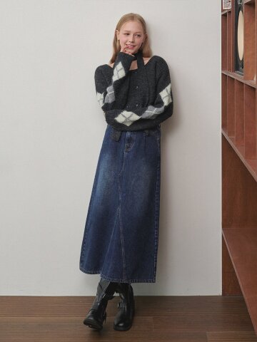 핀리 프린지 데님 롱 스커트