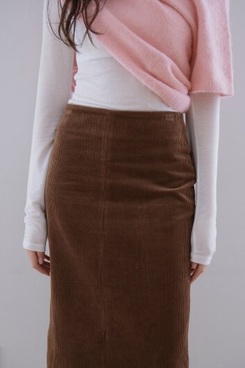 Muffin ruffle corduroy midi skirt_Brown