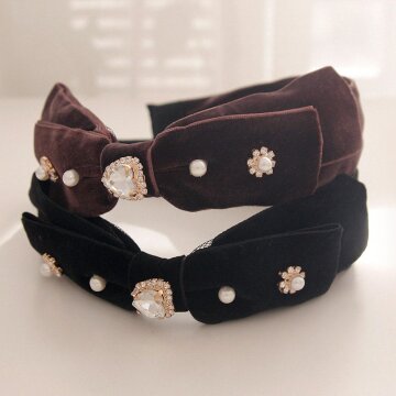 제이로렌 벨벳 하트 진주 큐빅 리본 헤어밴드 H0685
