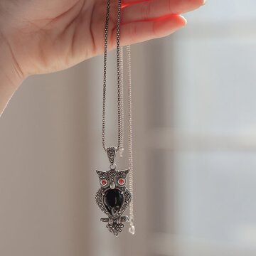 바이데이지 Bn0335 가넷 부엉이 롱실버목걸이