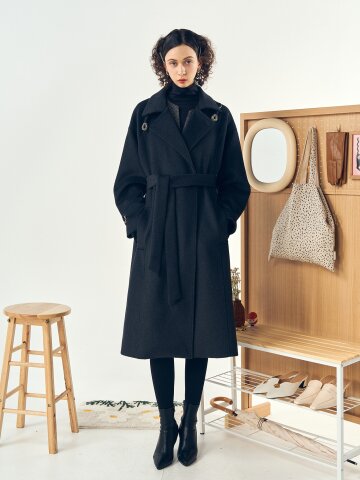 [페리 메라] 여밈 포인트 울 롱 코트 (차콜)