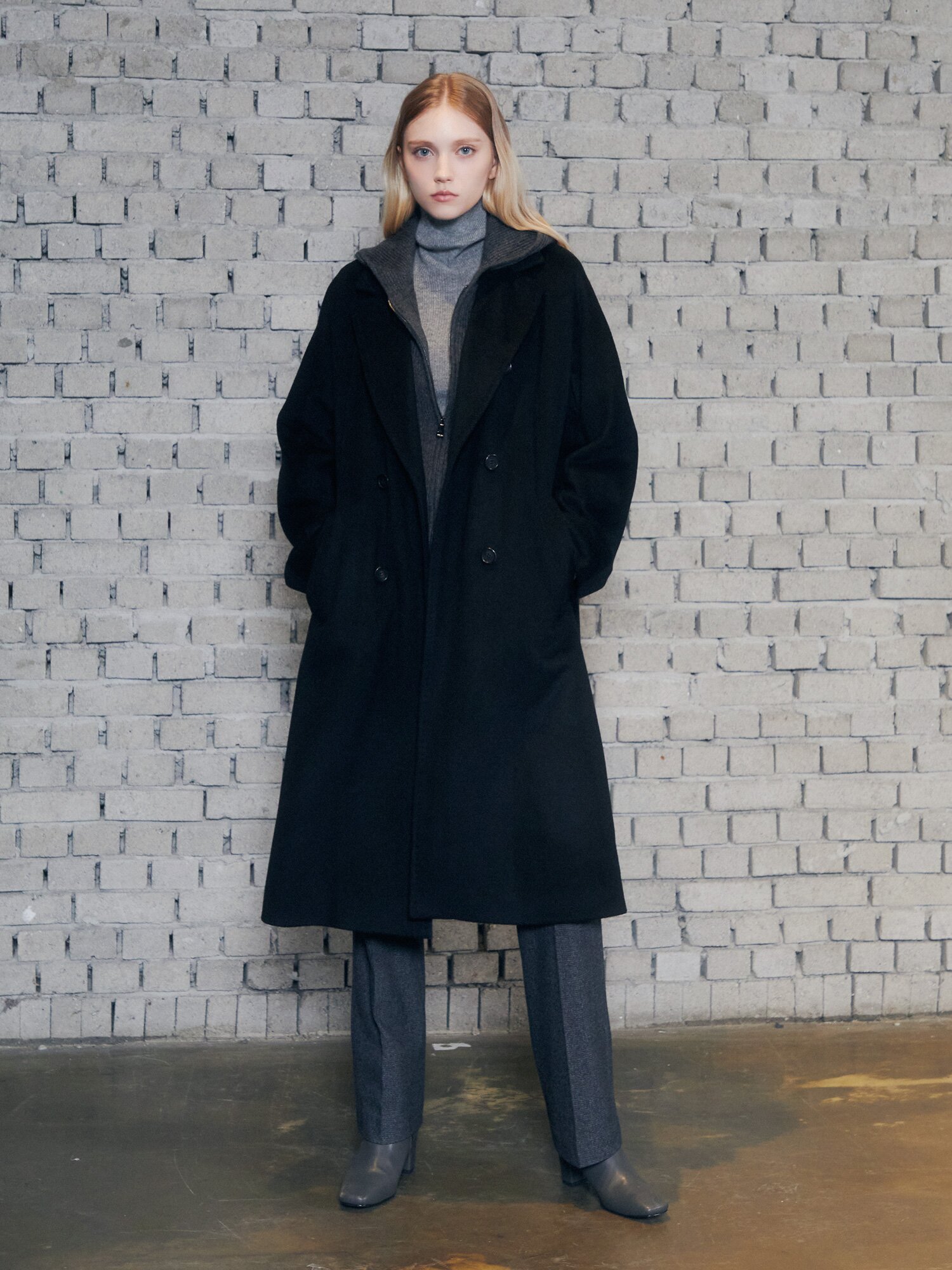 울 캐시미어 더블 브레스티드 롱 코트 (BLACK)
