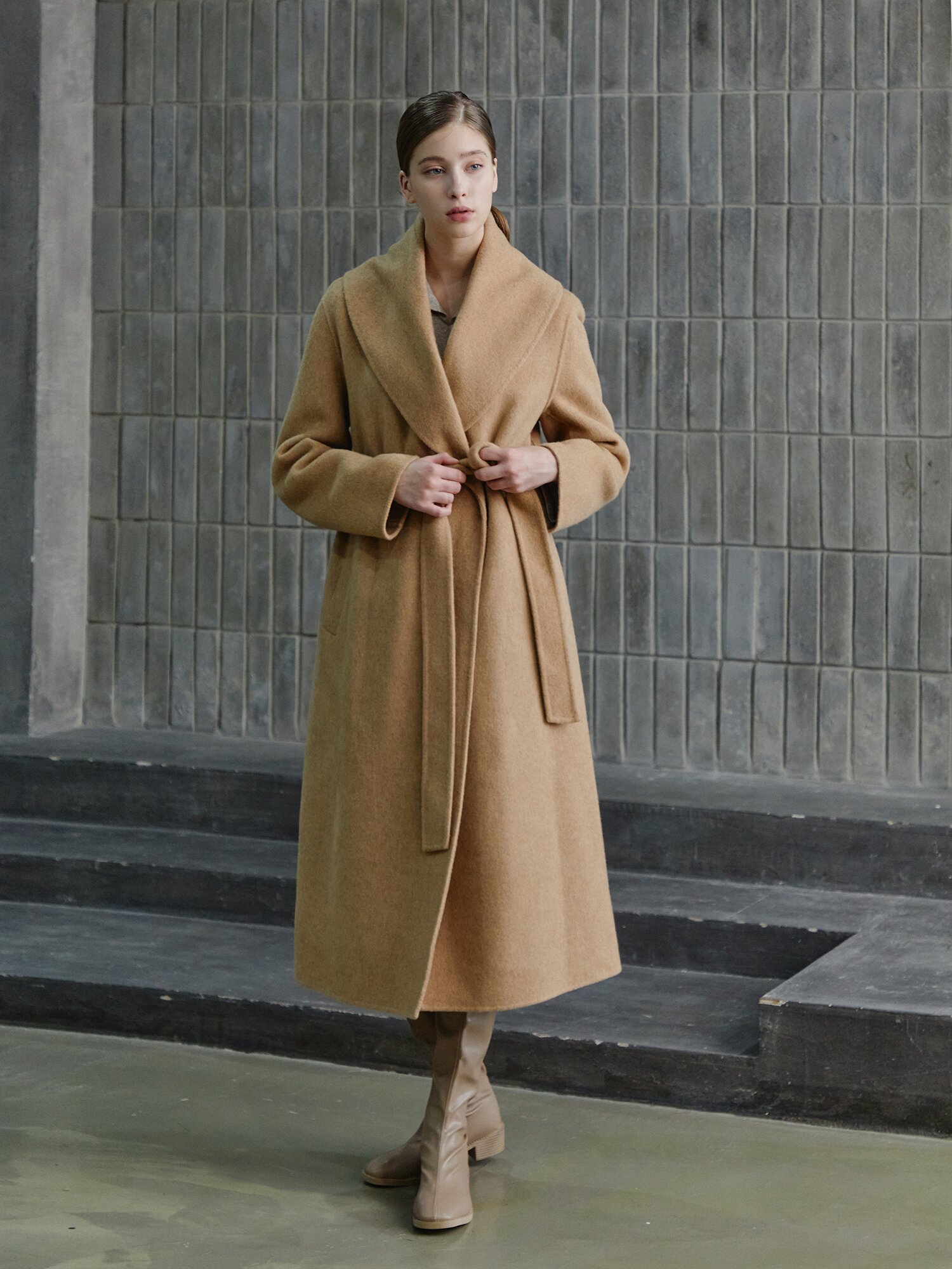 울 캐시미어 숄 칼라 핸드메이드 롱 코트 (CAMEL)