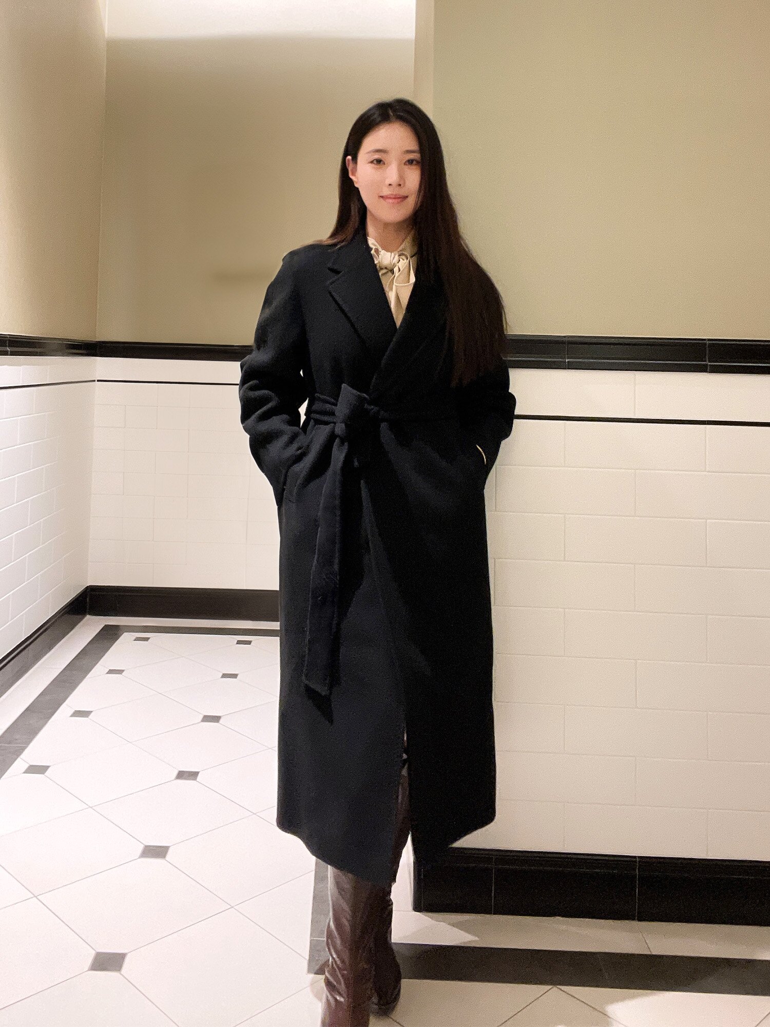 울 캐시미어 벨티드 롱 코트 (BLACK)