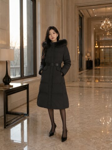 폭스퍼 벨티드 구스다운 롱 점퍼 